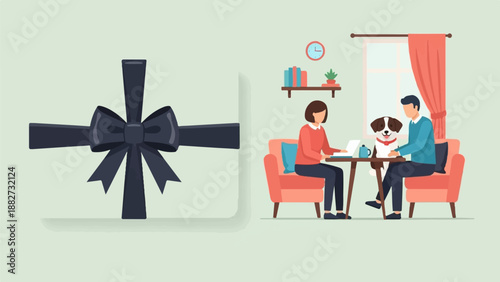A couple with their dog sit at a table in a cozy room with a gift ribbon