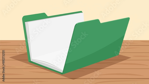 A green folder lies open on a wooden surface, casting a shadow