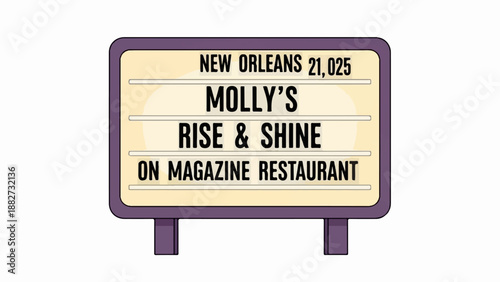 A retro marquee sign with a purple frame announces a restaurant