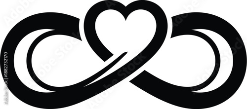 An elegant black infinity symbol is intricately intertwined with a heart shape symbolizing eternal love and endless devotion against a clean white background.
