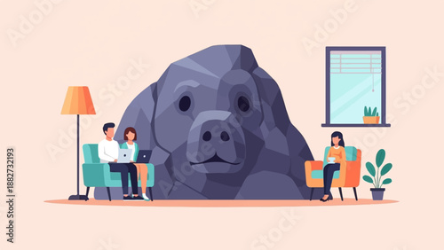 A couple works on laptops while a woman sips a drink near a giant dog