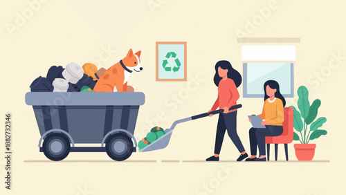 A person uses a shovel to clear a trolley filled with garbage