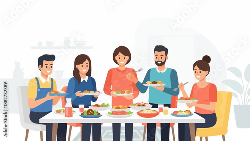 A diverse group of people enjoy a communal meal, sharing plates of food