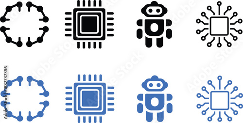 Minimal Artificial Intelligence Icon Set, AI Technology Symbols Collection with Chip, Robot, Neural Network and Data Processing Icons, Modern Flat Vector Design Isolated on White Background