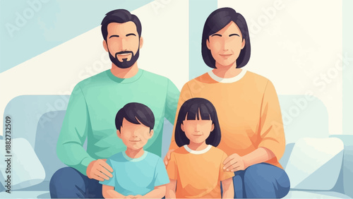 A cozy family portrait, parents and children seated on a sofa