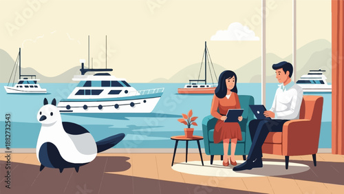 A cartoon scene with a stylized bird and two people in chairs by a window overlooking a harbor