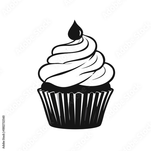 Illustrated cupcake with white frosting and chocolate drop