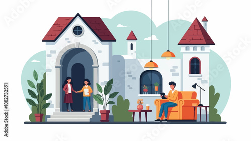 A cozy home scene with people interacting and relaxing inside and outside