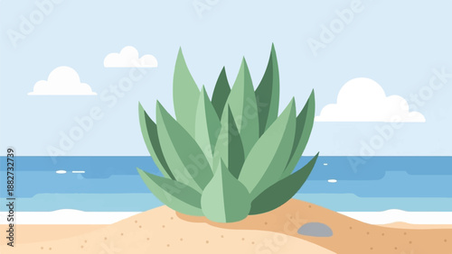 A stylized agave plant stands on a sandy beach beside a calm blue ocean under a cloudy sky