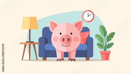 A cartoon pig sits on a sofa in a cozy room with furniture and plants