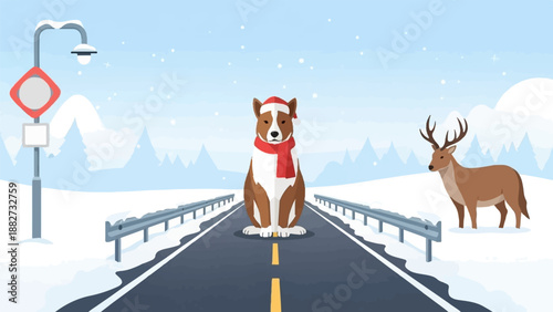 A dog in a Santa hat and scarf sits on a snowy road, with a deer nearby and snow-capped mountains in background