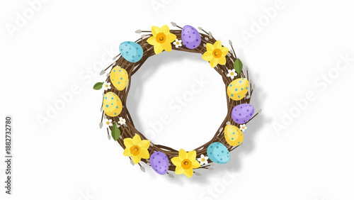 A round, rustic wreath made of twigs, adorned with Easter eggs, daffodils and pussy willow