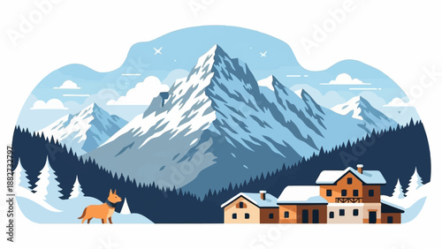 A dog in snow watches a snowy mountain range with houses