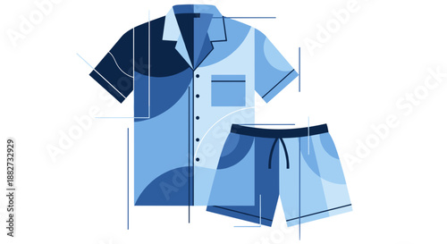 Illustration of blue short sleeve pajama set with shirt and shorts isolated on white background