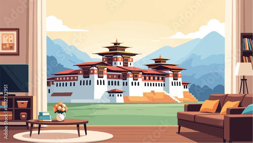 A cozy living room overlooks a majestic fortress amidst mountains