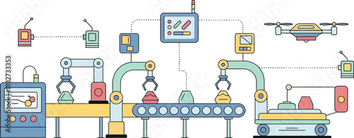 futuristic automated manufacturing line with robots and drones in a high-tech factory setting