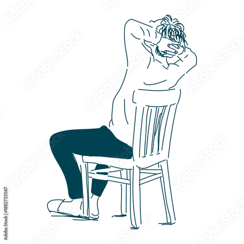 椅子に座ってぼんやり頭を抱える男性のモノクロイラスト（透過性のラインアート）