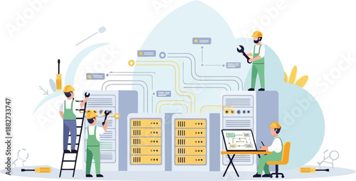 illustration of technicians working on data servers and networking equipment in a data center with
