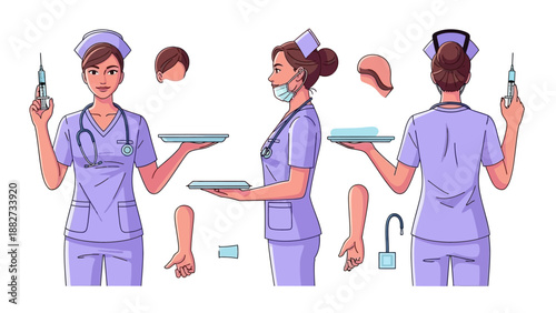 Nurse Character Design Kit with Syringe and Trays - Front, Side, and Back Views