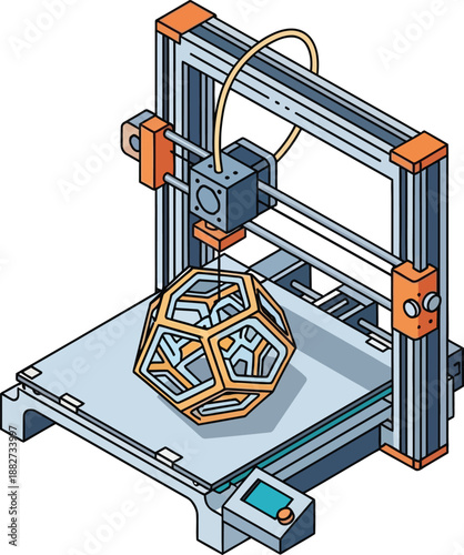 Isometric illustration of a modern 3D printer fabricating a complex geometric object symbolizing innovation in additive manufacturing and rapid prototyping