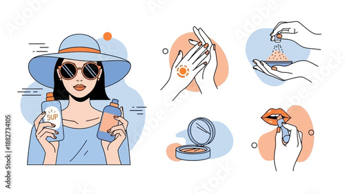Woman's Summer Skincare Routine: Sun Protection and Makeup Application Vector Art