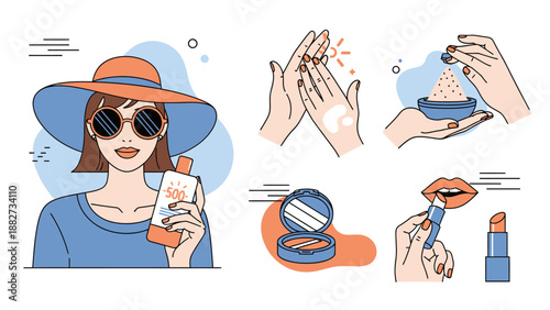 Woman's Summer Beauty Routine with Sunscreen and Makeup Vector Illustration