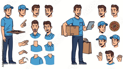 Delivery Man Character Builder Kit Vector Illustration with Pizza, Boxes, and Tablet