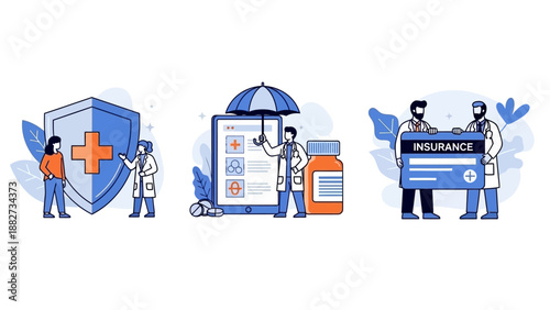 Medical Insurance Concept: Doctors and Patients with Health Protection and Digital Services