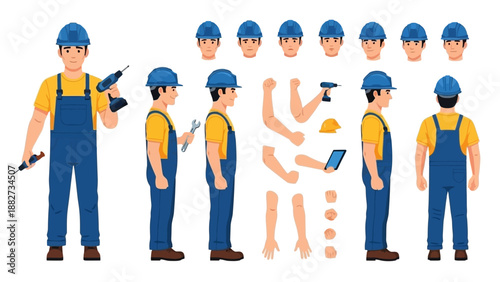 Construction worker character with tools and separate body parts for animation