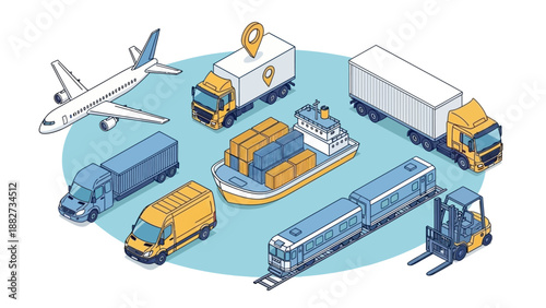 Isometric Logistics and Transportation Vector Illustration Set with Various Vehicles