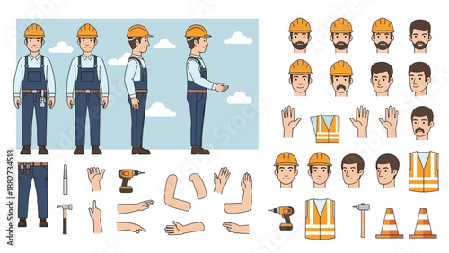 Construction Worker Character Set: Front, Side Views, and Individual Elements