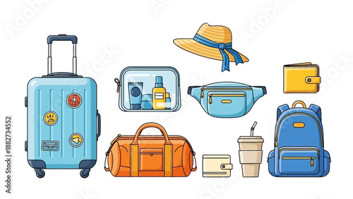 Collection of Colorful Travel Essentials and Accessories for Vacation or Holiday