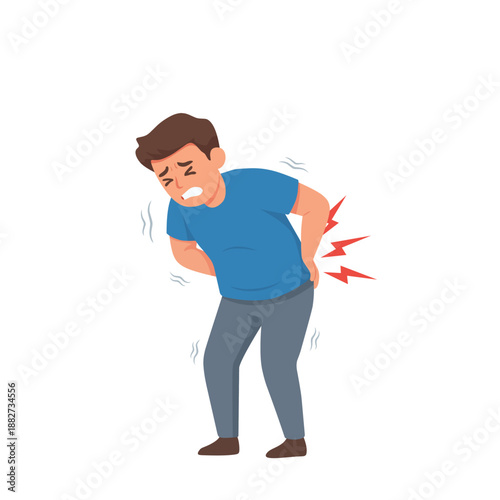 Illustration of a man holding his lower back in pain. Lower back pain and lumbar injury concept, body ache, health problem, medical illustration