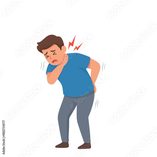 Illustration of a man suffering from upper back and shoulder pain. Backache and muscle strain concept, health problem, body pain, medical symptom illustration