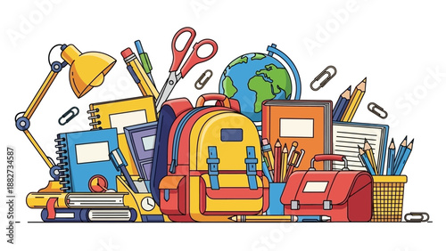 Brightly Colored School Supplies and Backpack Arranged for Education and Learning Concepts