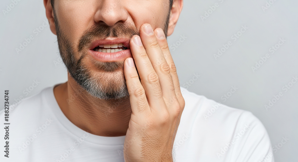 Fototapeta premium Man experiencing severe toothache while holding his jaw, showcasing discomfort and pain in a neutral background, emphasizing dental health concerns