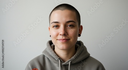Portrait of a Smiling Young Woman with Buzz Cut and Nose Piercing