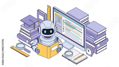 AI Robot Learning from Books and Computer, Symbolizing Education and Technology