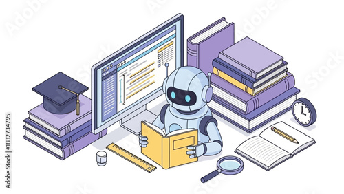 AI Robot Studying Books and Computer for Education and Learning Concept