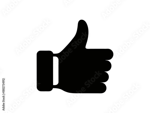 A simple black and white illustration of a thumbs up gesture with a sleeve. Black silhouette of a thumbs up hand gesture on white background. Black thumbs up hand gesture icon.