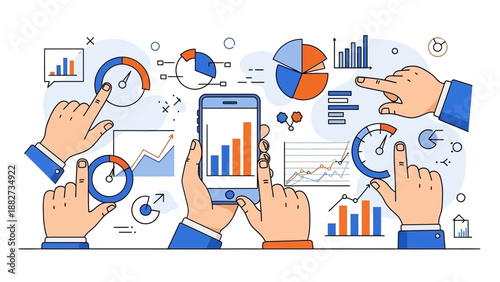 Business Data Analysis with Hands Interacting with Graphs and Charts on Mobile Phone