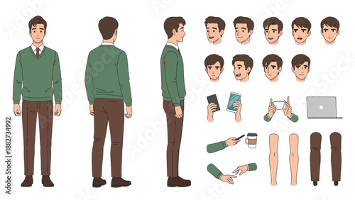 Young Man Character Design Set with Multiple Poses and Expressions