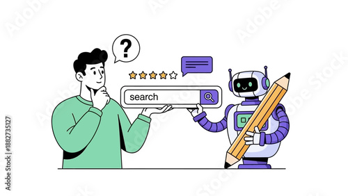 Robot Assistant Helps User with Online Search Query and Creates Content, Digital Illustration