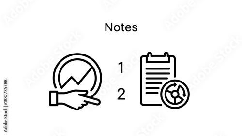 Business comparison and benchmarking: icons of a clipboard with a checkmark for setting standards and a balanced scale for comparative studies and legal judgment.