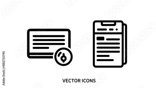 Service monitoring and performance metrics: icons of a graph with a magnifying glass for service tracking and a dashboard displaying key performance indicators.