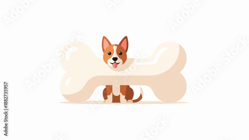 A cartoon dog with brown and white fur sits happily behind a giant bone