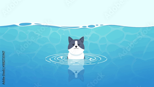 A cartoon dog swims in bright blue water, reflected below