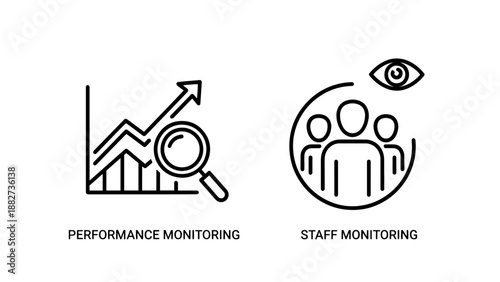 Performance Monitoring and Staff Monitoring Analysis Icons for Business Productivity Tracking