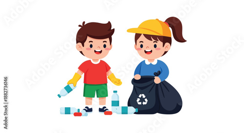 Two children collecting and sorting recyclables into a bag on a clean white background with a playful and eco-friendly mood.