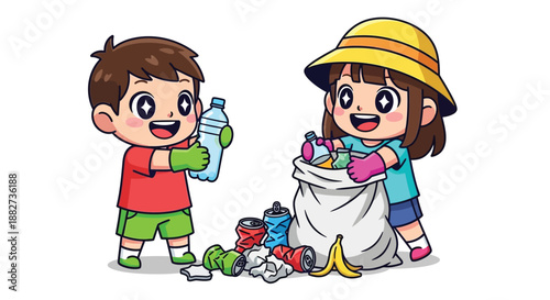 Two happy children collecting recyclable materials in a bag against a clean white background.